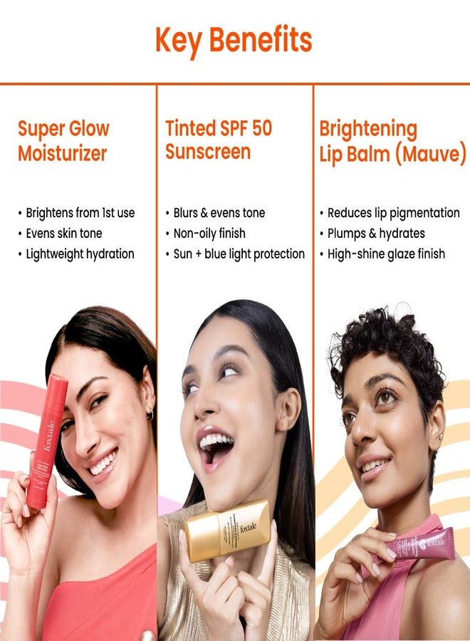 Foxtale No-Makeup Glow Trio | Tinted SPF 50 Sunscreen (Sand) + Super Glow Moisturizer + Brightening Lip Balm (Mauve) | Evens tone, boosts glow & hydrates lips | For fresh, natural everyday look - Image 3