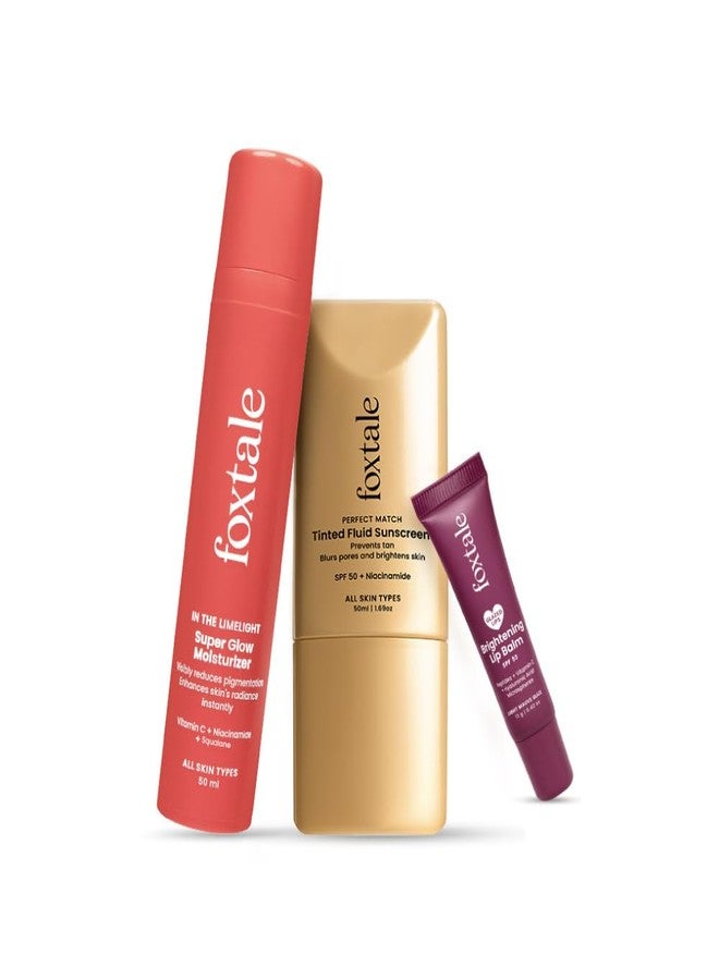 Foxtale No-Makeup Glow Trio | Tinted SPF 50 Sunscreen (Sand) + Super Glow Moisturizer + Brightening Lip Balm (Mauve) | Evens tone, boosts glow & hydrates lips | For fresh, natural everyday look - Image 1