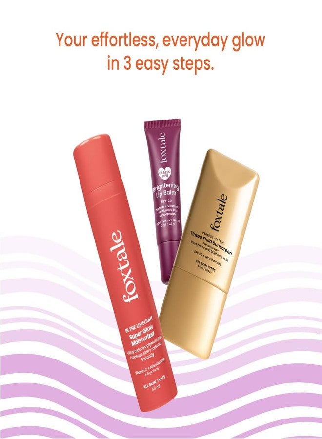 Foxtale No-Makeup Glow Trio | Tinted SPF 50 Sunscreen (Sand) + Super Glow Moisturizer + Brightening Lip Balm (Mauve) | Evens tone, boosts glow & hydrates lips | For fresh, natural everyday look - Image 2