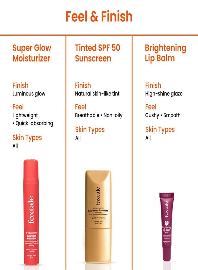 Foxtale No-Makeup Glow Trio | Tinted SPF 50 Sunscreen (Sand) + Super Glow Moisturizer + Brightening Lip Balm (Mauve) | Evens tone, boosts glow & hydrates lips | For fresh, natural everyday look - Image 5