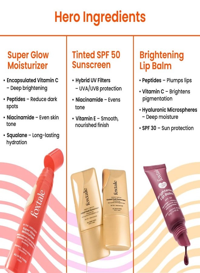 Foxtale No-Makeup Glow Trio | Tinted SPF 50 Sunscreen (Sand) + Super Glow Moisturizer + Brightening Lip Balm (Mauve) | Evens tone, boosts glow & hydrates lips | For fresh, natural everyday look - Image 4