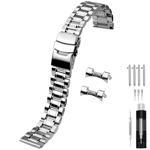 Juntan 22mm Stainless Steel Watch Band Curved End Straight End for Men Women Metal Watch Bands Strap Quick Release Replacement Bracelet with Double Folding Buckle Silver - Image 2