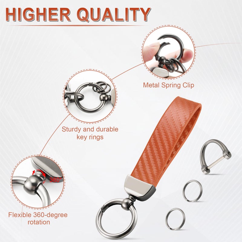 JUSTTOP Leather Keychain, Carbon Fiber Car Key Chain with Anti-Lost D-Ring and 2 Key Ring, Keychain Wristlet, Car Accessories, Universal Keychain for Men and Women (Orange) - Image 4