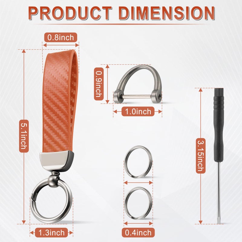 JUSTTOP Leather Keychain, Carbon Fiber Car Key Chain with Anti-Lost D-Ring and 2 Key Ring, Keychain Wristlet, Car Accessories, Universal Keychain for Men and Women (Orange) - Image 2