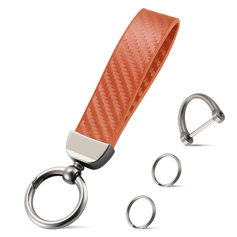 JUSTTOP Leather Keychain, Carbon Fiber Car Key Chain with Anti-Lost D-Ring and 2 Key Ring, Keychain Wristlet, Car Accessories, Universal Keychain for Men and Women (Orange) - Image 1