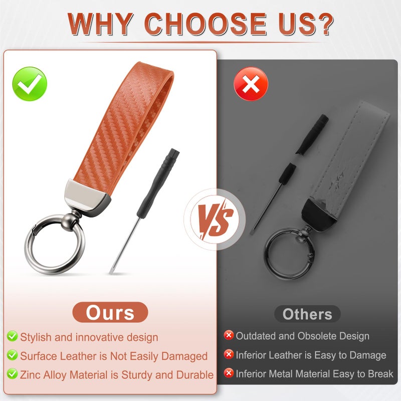 JUSTTOP Leather Keychain, Carbon Fiber Car Key Chain with Anti-Lost D-Ring and 2 Key Ring, Keychain Wristlet, Car Accessories, Universal Keychain for Men and Women (Orange) - Image 5