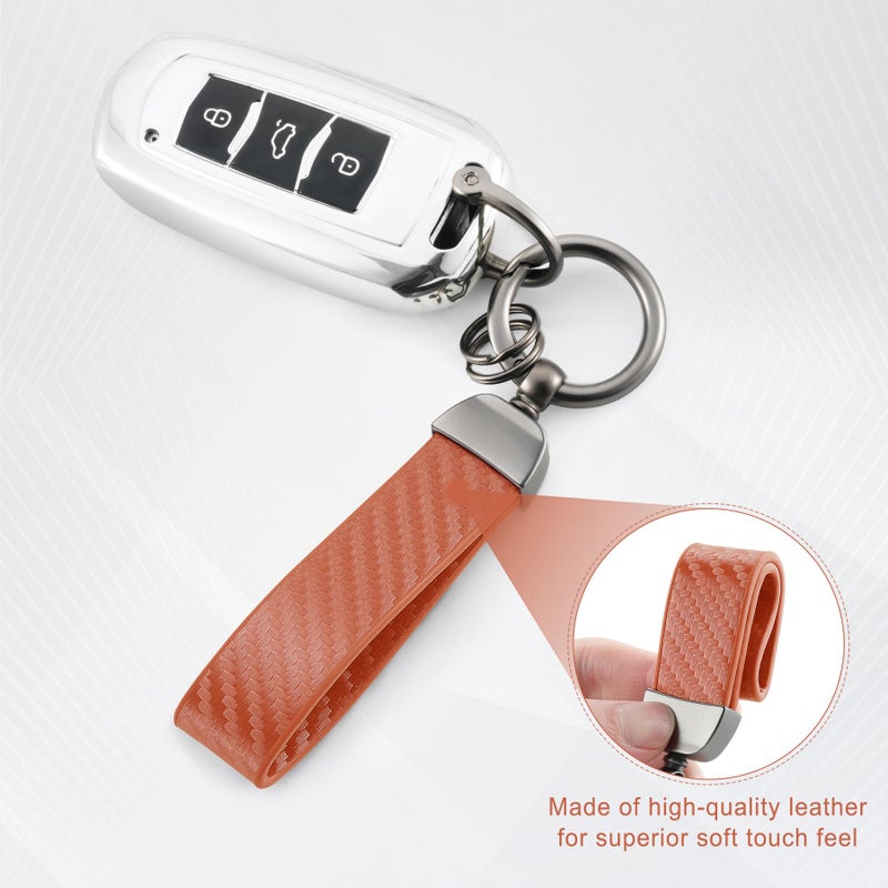 JUSTTOP Leather Keychain, Carbon Fiber Car Key Chain with Anti-Lost D-Ring and 2 Key Ring, Keychain Wristlet, Car Accessories, Universal Keychain for Men and Women (Orange) - Image 3