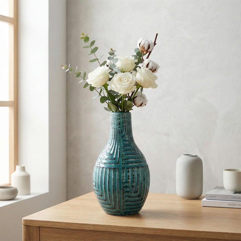 hjn Teal Hand-Glazed Ceramic Vase - 9.4" H Modern Decorative Centerpiece Vase for Fresh/Dried Flowers, Home Decor for Living Room Bookshelf Mantel | Wedding Housewarming Gift - Image 4
