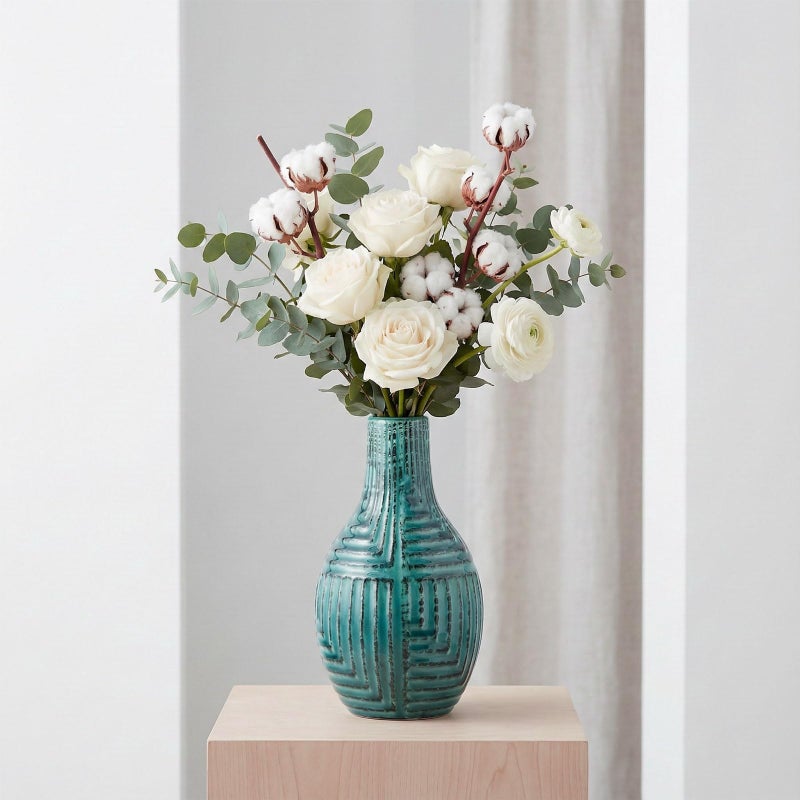 hjn Teal Hand-Glazed Ceramic Vase - 9.4" H Modern Decorative Centerpiece Vase for Fresh/Dried Flowers, Home Decor for Living Room Bookshelf Mantel | Wedding Housewarming Gift - Image 1