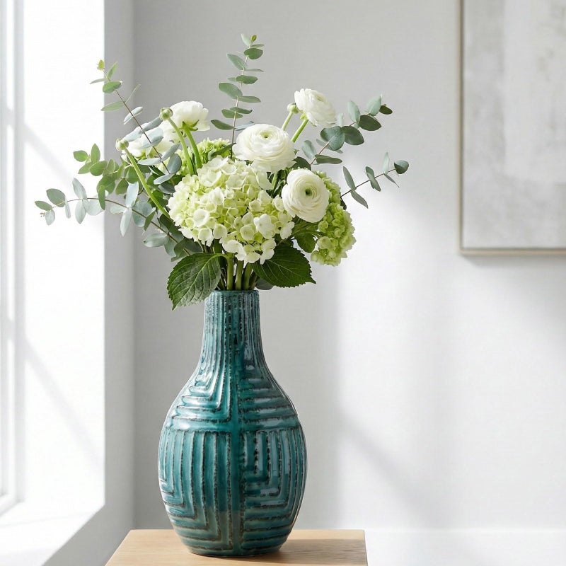 hjn Teal Hand-Glazed Ceramic Vase - 9.4" H Modern Decorative Centerpiece Vase for Fresh/Dried Flowers, Home Decor for Living Room Bookshelf Mantel | Wedding Housewarming Gift - Image 2