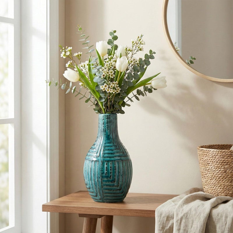 hjn Teal Hand-Glazed Ceramic Vase - 9.4" H Modern Decorative Centerpiece Vase for Fresh/Dried Flowers, Home Decor for Living Room Bookshelf Mantel | Wedding Housewarming Gift - Image 3