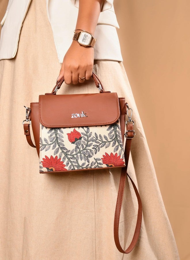 ZOUK حقيبة كتف أنيقة من زوك نوابي كوتور، مصنوعة من الجلد النباتي المطبوع عليه زهور، باللونين البيج والأحمر، مزودة بمقبض، مناسبة للنساء والفتيات. - Image 3