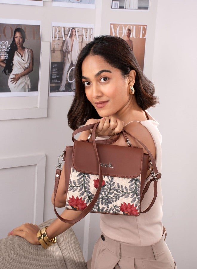 ZOUK حقيبة كتف أنيقة من زوك نوابي كوتور، مصنوعة من الجلد النباتي المطبوع عليه زهور، باللونين البيج والأحمر، مزودة بمقبض، مناسبة للنساء والفتيات. - Image 2