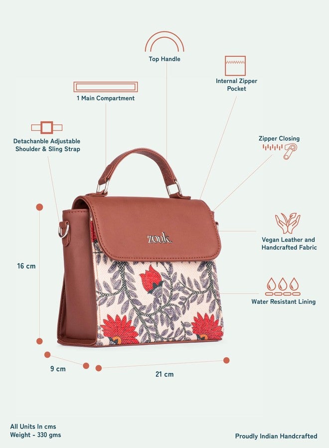 ZOUK حقيبة كتف أنيقة من زوك نوابي كوتور، مصنوعة من الجلد النباتي المطبوع عليه زهور، باللونين البيج والأحمر، مزودة بمقبض، مناسبة للنساء والفتيات. - Image 4
