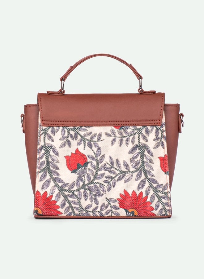 ZOUK حقيبة كتف أنيقة من زوك نوابي كوتور، مصنوعة من الجلد النباتي المطبوع عليه زهور، باللونين البيج والأحمر، مزودة بمقبض، مناسبة للنساء والفتيات. - Image 5