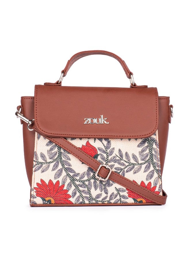ZOUK حقيبة كتف أنيقة من زوك نوابي كوتور، مصنوعة من الجلد النباتي المطبوع عليه زهور، باللونين البيج والأحمر، مزودة بمقبض، مناسبة للنساء والفتيات. - Image 1