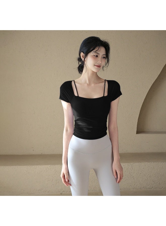 Spring Summer  With Chest Pad Pleated Slim Yoga Fitness Women Sports T-Shirt - Image 1