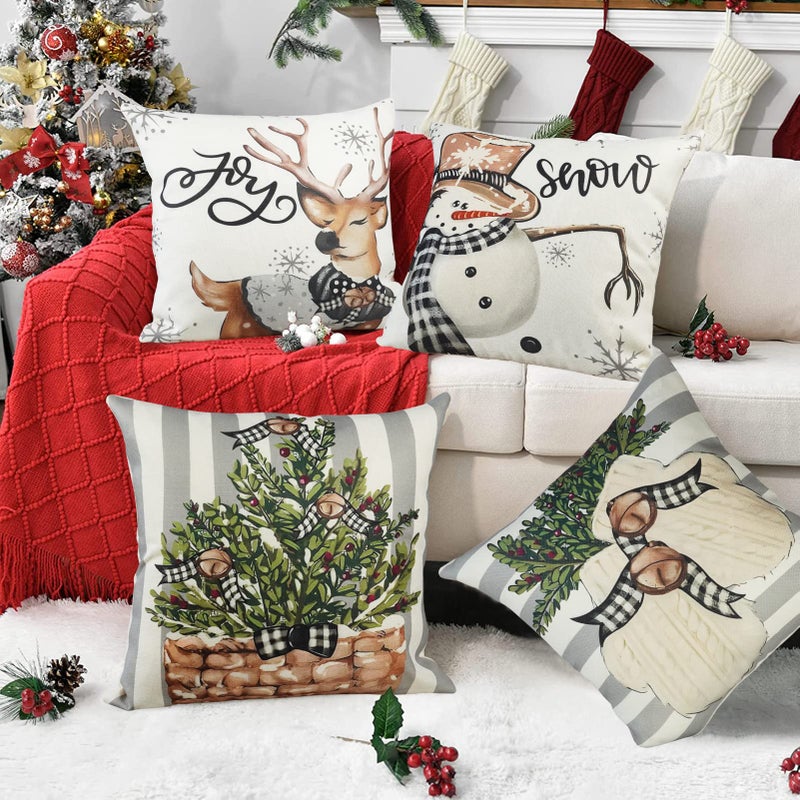 ONWAY ONWAY Christmas Stripes Pillow Covers 18x18 Set of 4 Snowman Reindeer Gloves Throw Pillows Winter Holiday Decoration Cushion Case for Sofa Couch Home Decor  - Image 3