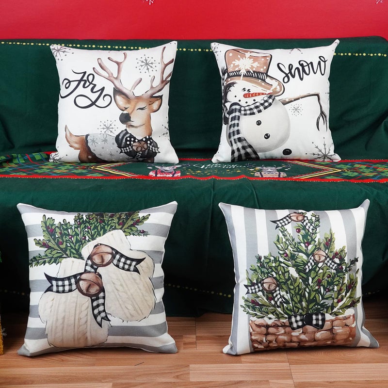 ONWAY ONWAY Christmas Stripes Pillow Covers 18x18 Set of 4 Snowman Reindeer Gloves Throw Pillows Winter Holiday Decoration Cushion Case for Sofa Couch Home Decor  - Image 2