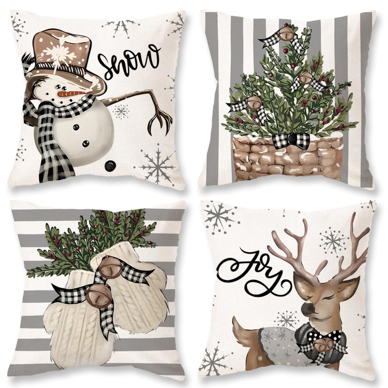 ONWAY ONWAY Christmas Stripes Pillow Covers 18x18 Set of 4 Snowman Reindeer Gloves Throw Pillows Winter Holiday Decoration Cushion Case for Sofa Couch Home Decor  - Image 1
