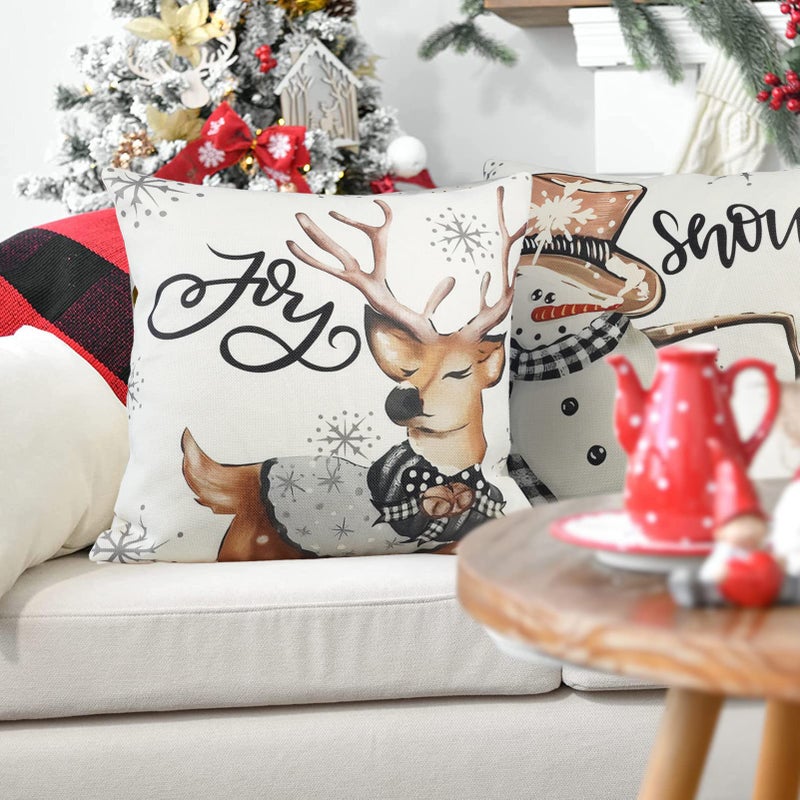 ONWAY ONWAY Christmas Stripes Pillow Covers 18x18 Set of 4 Snowman Reindeer Gloves Throw Pillows Winter Holiday Decoration Cushion Case for Sofa Couch Home Decor  - Image 4