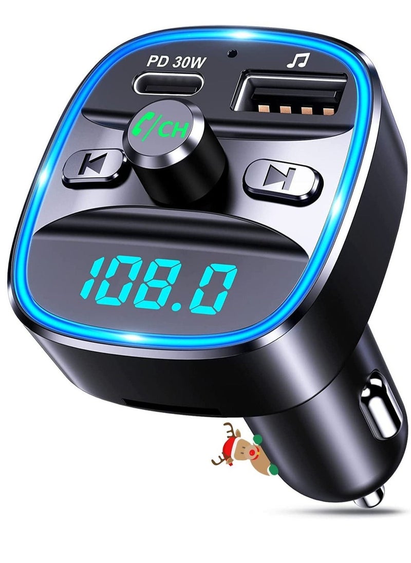 Bluetooth FM Transmitter for Car, [Upgraded Type-C] PD 30W Quick Charging Bluetooth Car Adapter with Hands-Free Calling, Wireless FM Radio Receiver Music Player/Car Kit Support SD Card & USB - Image 1