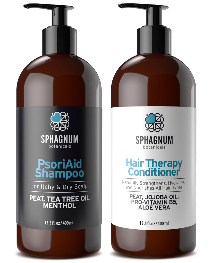 Sphagnum Botanicals Psoriasis Shampoo and Conditioner Set - Peat Mud Therapy for Red & Itchy Scalp with Tea Tree Oil, No Coal Tar. For Both Men and Women. 2 x 13.5 Oz - Image 1