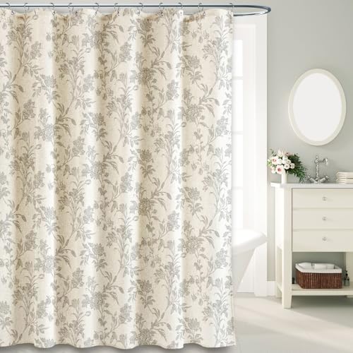 WOUVMA Vintage Farmhouse Shower Curtain for Bathroom Grey Shower Curtain Floral Cotton Linen 72 W x 72 L - Image 1