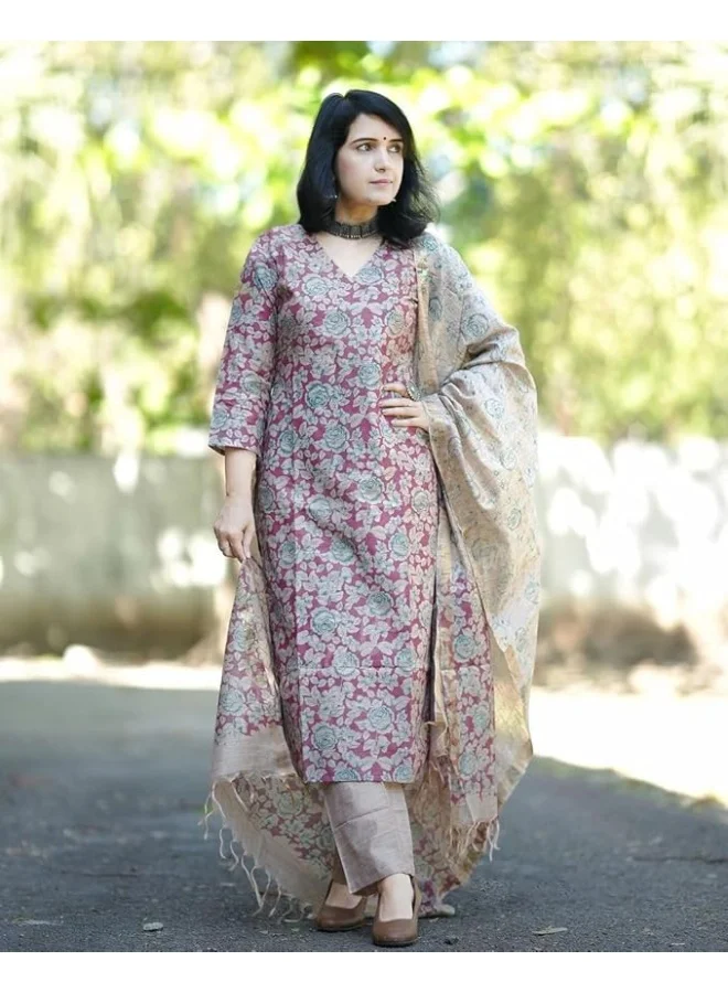 جو سريكي مزيج قطن نسائي من GoSriKi مطبوع باللون النقي المطبوع مع بنطال ودوباتا (مورينغا وردي-NW-GS_XL_Pink_X-كبير)