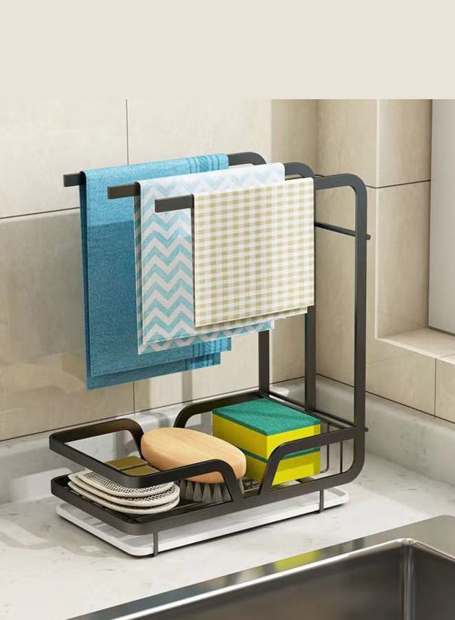  راك ستور  Kitchen Sink Top Caddy Holder With Removable Drain Tray Organizer For Sponge And Brush Countertop Shelves Shelves Kitchen Rags Black Colour - Image 3