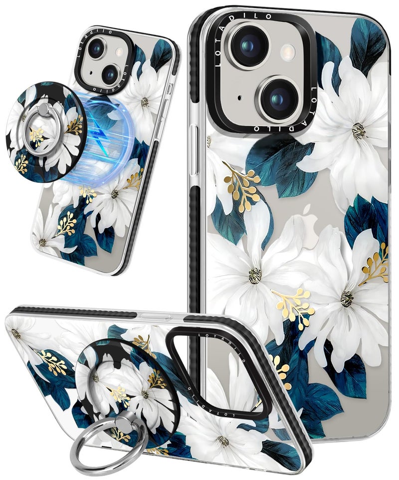 Lotadilo for iPhone 15 Case for Women - Girls Kawaii Design Compatible with Magsafe Magnetic Ring Holder Stand Blue Flower Phone Covers Aesthetic Girly TPU Funda for 15 - Image 1