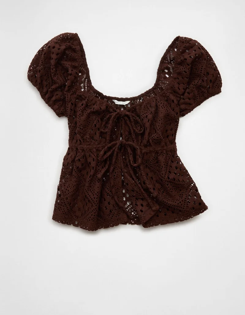 American Eagle  AE Tie-Front Puff Sleeve Tee for Women | Best Price UAE