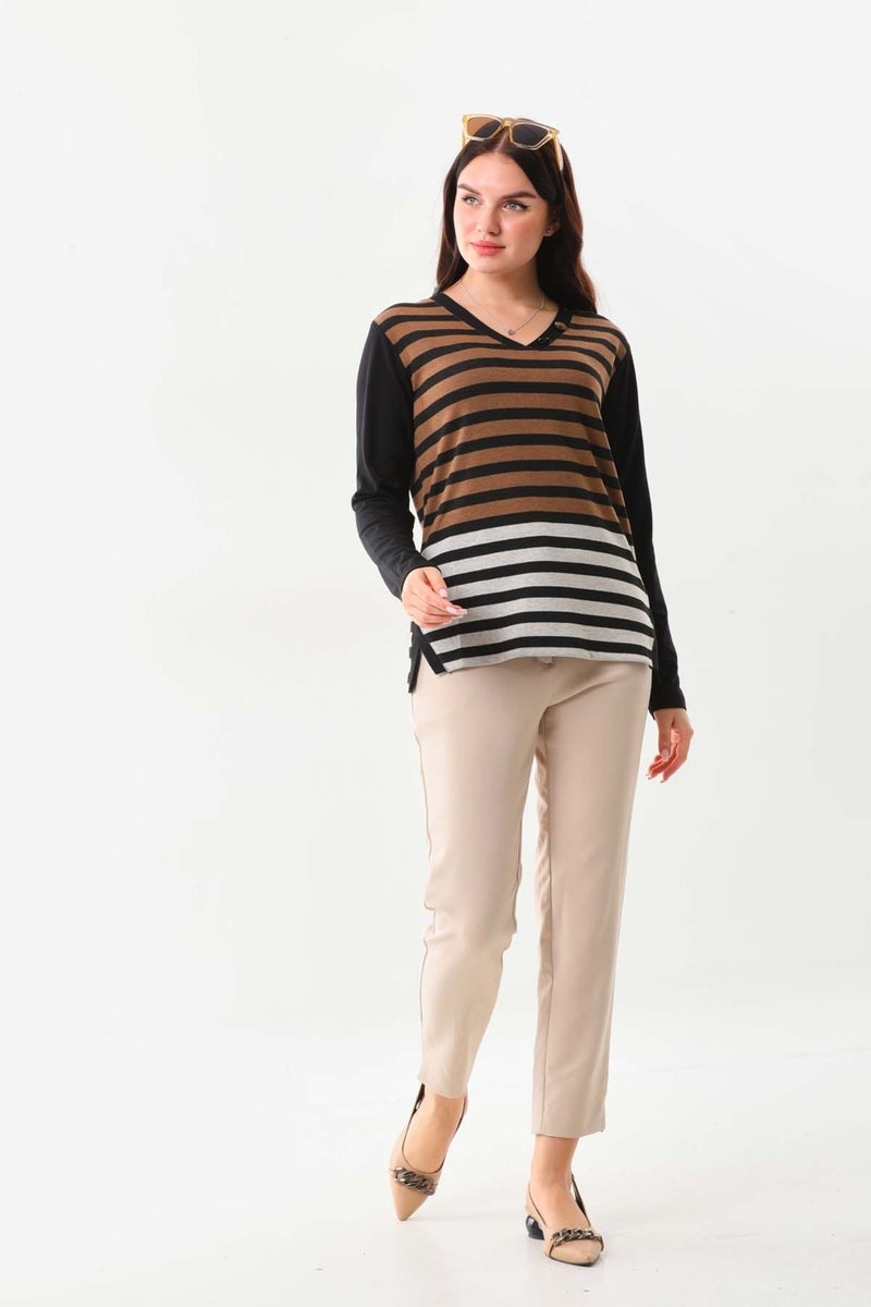 Sistas Women's Striped Side Slit V Neck Blouse 23558 Brown  - Image 2