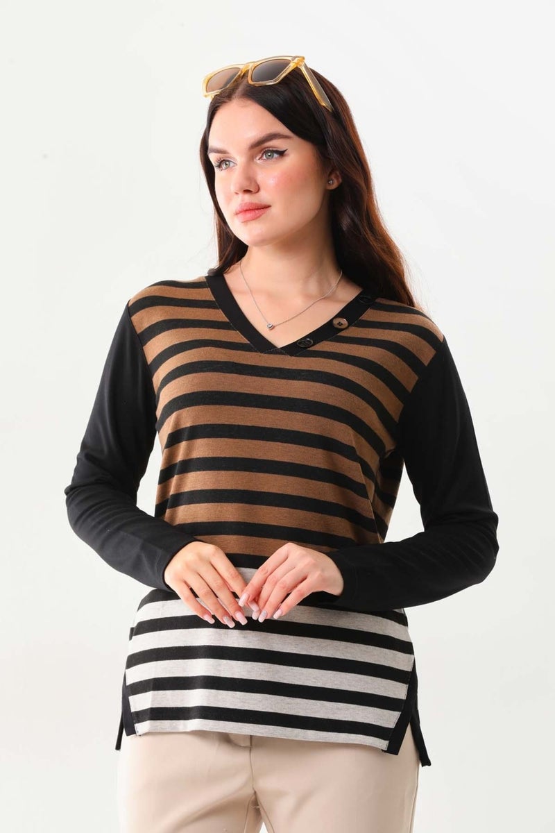 Sistas Women's Striped Side Slit V Neck Blouse 23558 Brown  - Image 3
