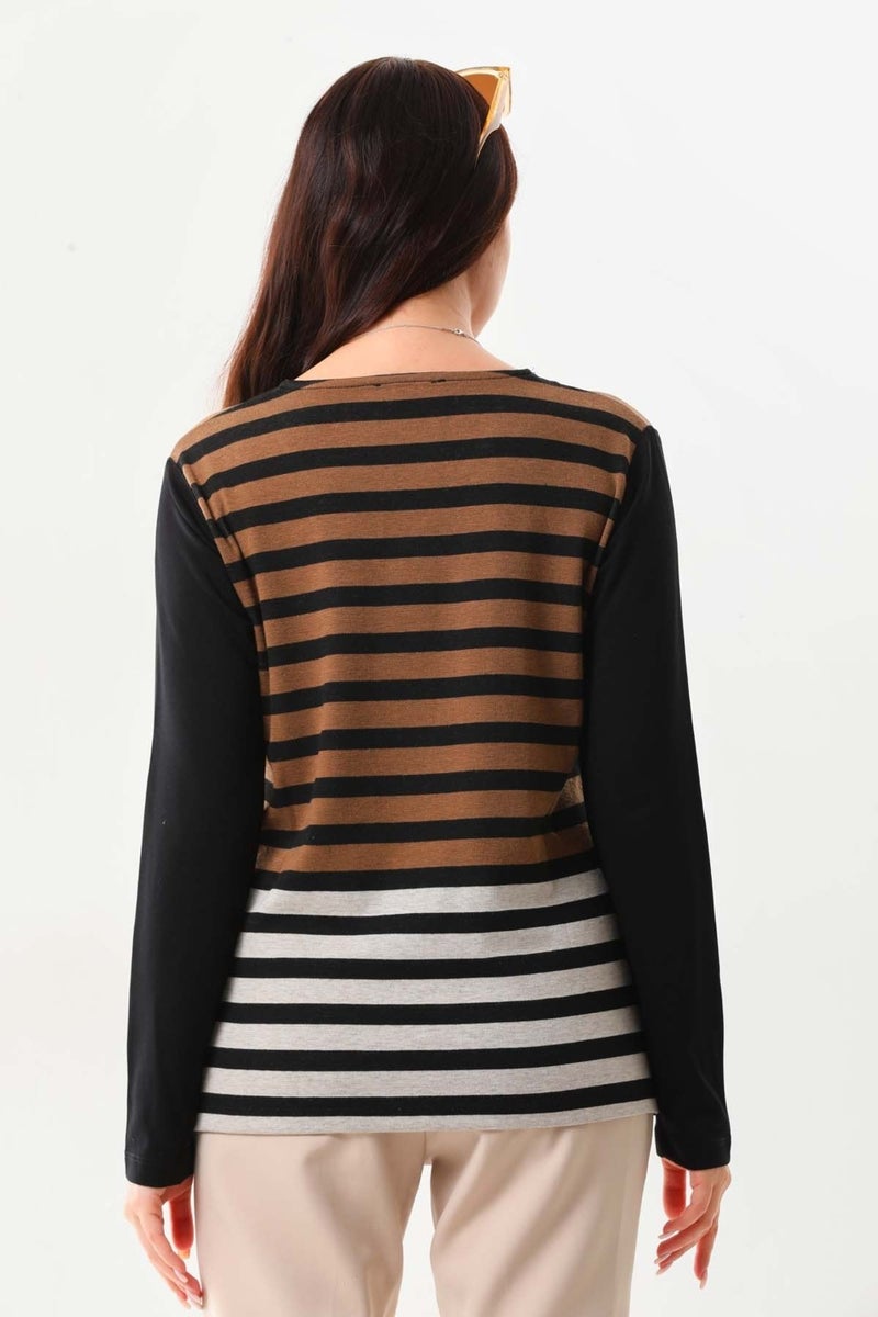Sistas Women's Striped Side Slit V Neck Blouse 23558 Brown  - Image 5