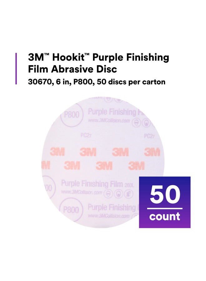 3M Hookit Purple Finishing Film Abrasive Disc 30670, 6 in, 800+ Grade, 50 Pack, Clear Coat Sanding, Paint Finishing, Defect Removal, Long Lasting - Image 3