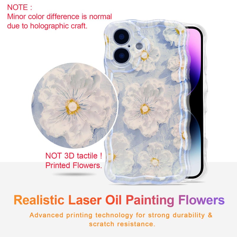 EYZUTAK Case for iPhone 16, Colorful Retro Oil Painting Flower Laser Glossy Pattern Cute Curly Wave Edge Exquisite Phone Cover Stylish Durable TPU Protective Case for Girl Women - Light Blue - Image 2