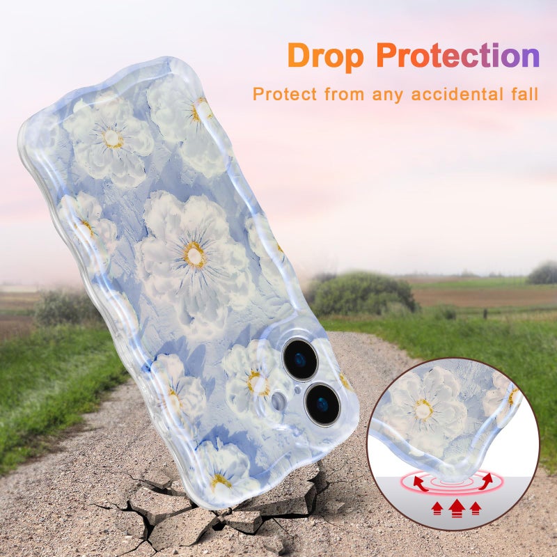 EYZUTAK Case for iPhone 16, Colorful Retro Oil Painting Flower Laser Glossy Pattern Cute Curly Wave Edge Exquisite Phone Cover Stylish Durable TPU Protective Case for Girl Women - Light Blue - Image 3