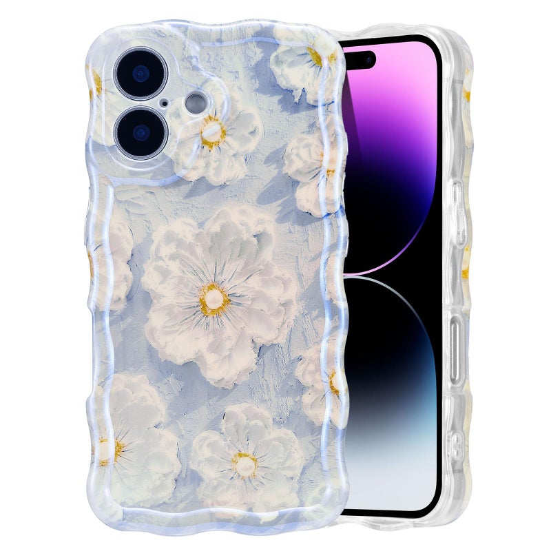 EYZUTAK Case for iPhone 16, Colorful Retro Oil Painting Flower Laser Glossy Pattern Cute Curly Wave Edge Exquisite Phone Cover Stylish Durable TPU Protective Case for Girl Women - Light Blue - Image 1