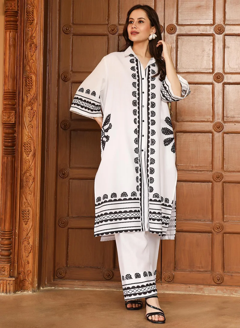 QISSA Qissa Women's Cream White Indie Flora Lined-Imprint Kurta Set For Ethnic Wear | Spread Collar Quarter Sleeve | Floral Placement Print Plain Fabric | 2 Piece Kurta Set Designed For Casual & Daily Wear