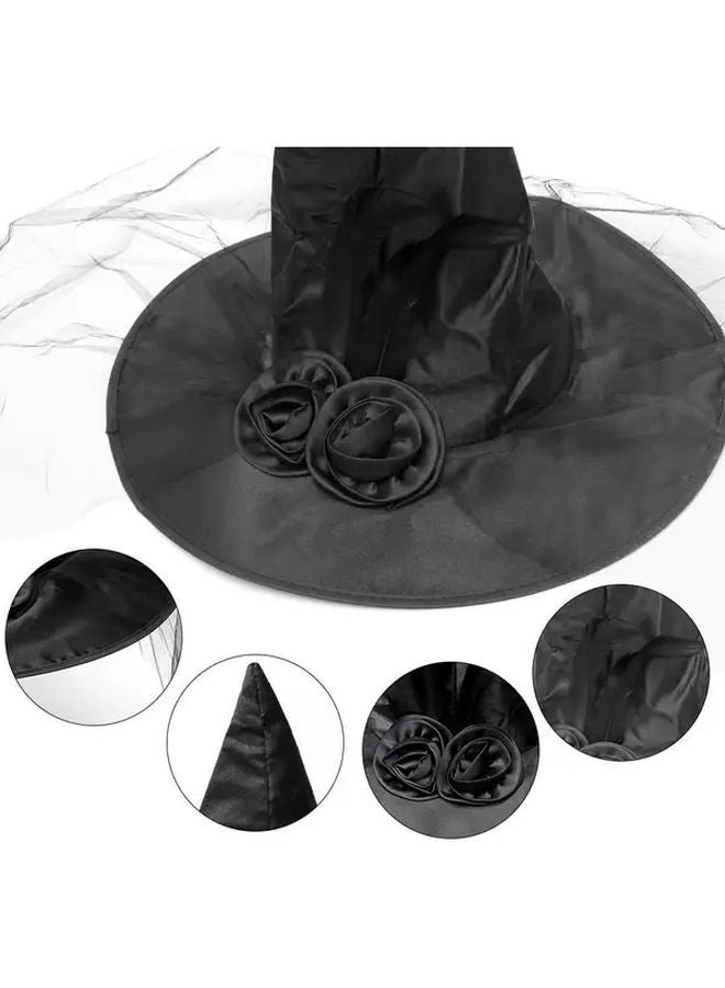Black Witch Hat With Mesh Overlay Bendable Halloween Costume Includes Bow - Image 4