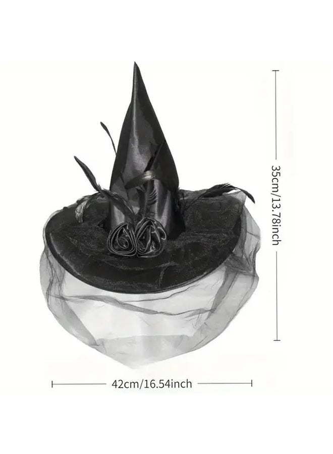 Black Witch Hat With Mesh Overlay Bendable Halloween Costume Includes Bow - Image 2