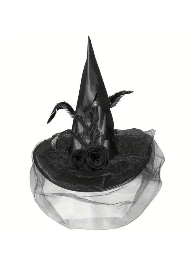 Black Witch Hat With Mesh Overlay Bendable Halloween Costume Includes Bow - Image 3
