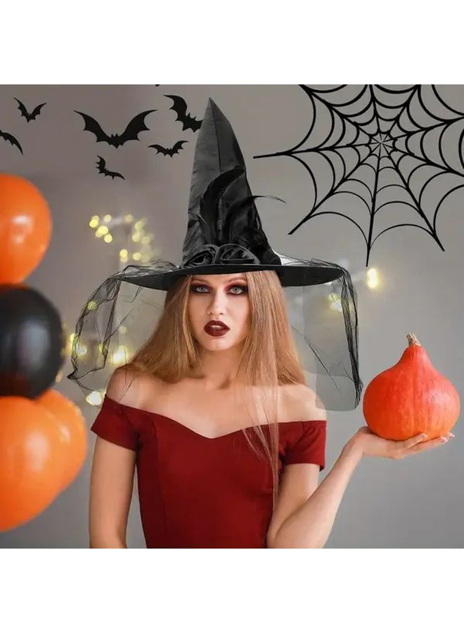 Black Witch Hat With Mesh Overlay Bendable Halloween Costume Includes Bow - Image 5
