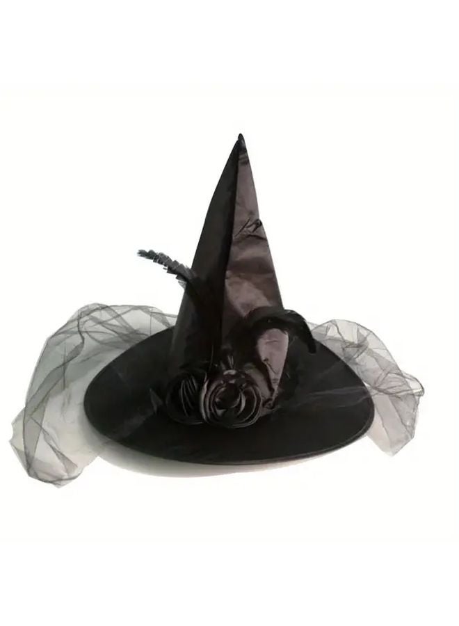 Black Witch Hat With Mesh Overlay Bendable Halloween Costume Includes Bow - Image 1