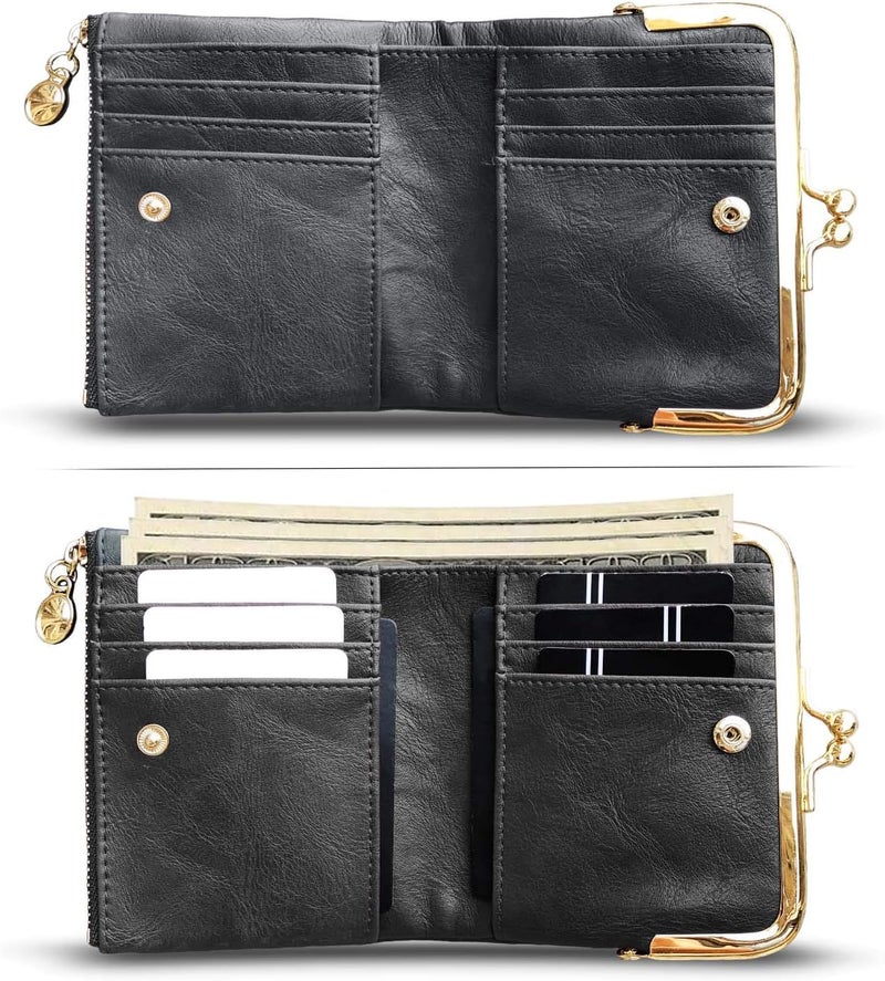 AOXONEL Womens Wallet Small Rfid Ladies Compact Bifold Leather Vintage Coin Purse With Zipper and Kiss Lock - Image 2