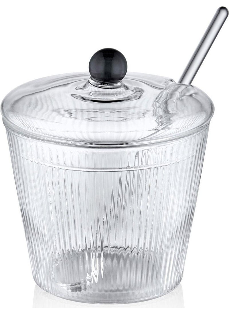 THE MIA Striped Glass Sugar Bowl with Spoon 10X12 cm CAM0430  - Image 1