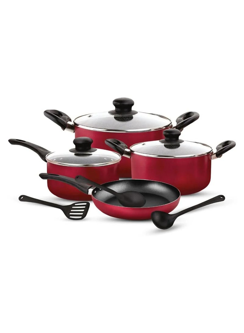 Bisbell 10-Piece Non-Stick Cookware Set with Glass Lids and Utensils – Red, Durable Aluminium Pots and Frypan - Image 1