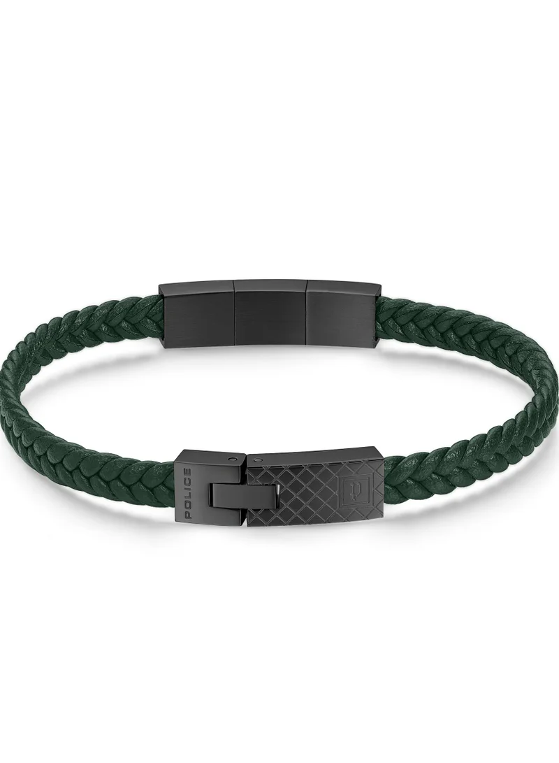 بوليس Intersect Dark Green Leather Grey Mertal Plated Stainless Steel Gents Bracelet