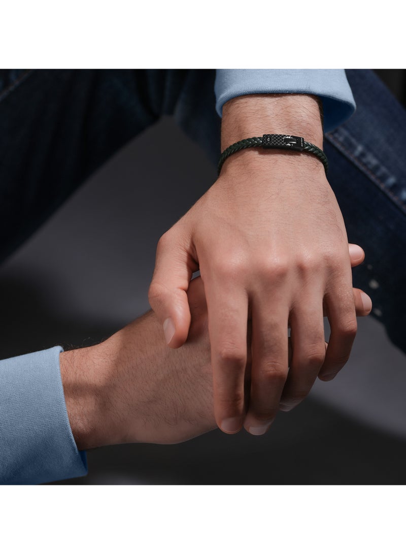 بوليس سوار رجالي من الجلد الأخضر الداكن والستانلس ستيل المطلي بالمعدن الرمادي - Image 3